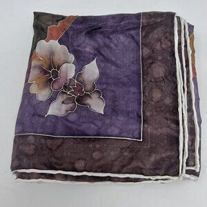 Bursa 100% Silk Scarf Handmade Floral Striped Oval Purple, Orange, Beige  35" Sq